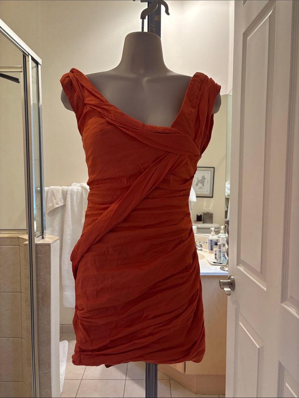 Nicole Miller Rust Orange Ruched Mini Dress